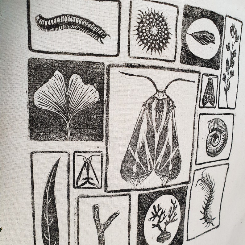 May include: A white fabric with a repeating pattern of black linocut illustrations. The images include a centipede, a ginkgo leaf, a moth, a spiral shell, and other botanical and insect designs. The artwork is arranged in a grid.