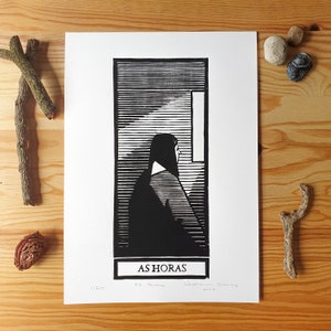 Original Linocut print &quot;As Horas&quot; A4
