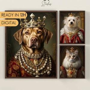 Toile personnalisée de peinture de portrait d’animal de compagnie, peinture de portrait de roi royal d’animal de compagnie, art numérique, portrait de chien de la Renaissance à partir d’une photo, conception d’art de portrait