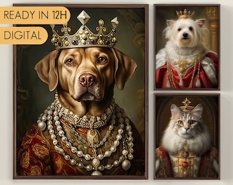 Ritratto personalizzato di animale domestico su tela, ritratto del re dell'animale domestico reale pittura arte digitale, ritratto di cane rinascimentale da foto, ritratto artistico