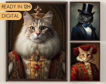 Portrait de chat royal personnalisé, Peinture de chat de la Renaissance, Cadeau pour les amoureux des animaux de compagnie, Portrait royal, Cadeau de portrait d’animal de compagnie, Peinture animale, Décoration murale numérique