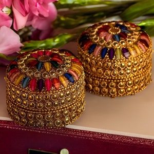 Set of 2 Jeweled Trinket Boxes with Multi-Color Gemstones - Large Size 5 x 7 x 7 cm"