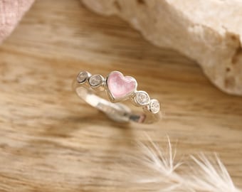 Sterling Silver Breastmilk Heart Ring with Crystals: Motherhood Keepsake