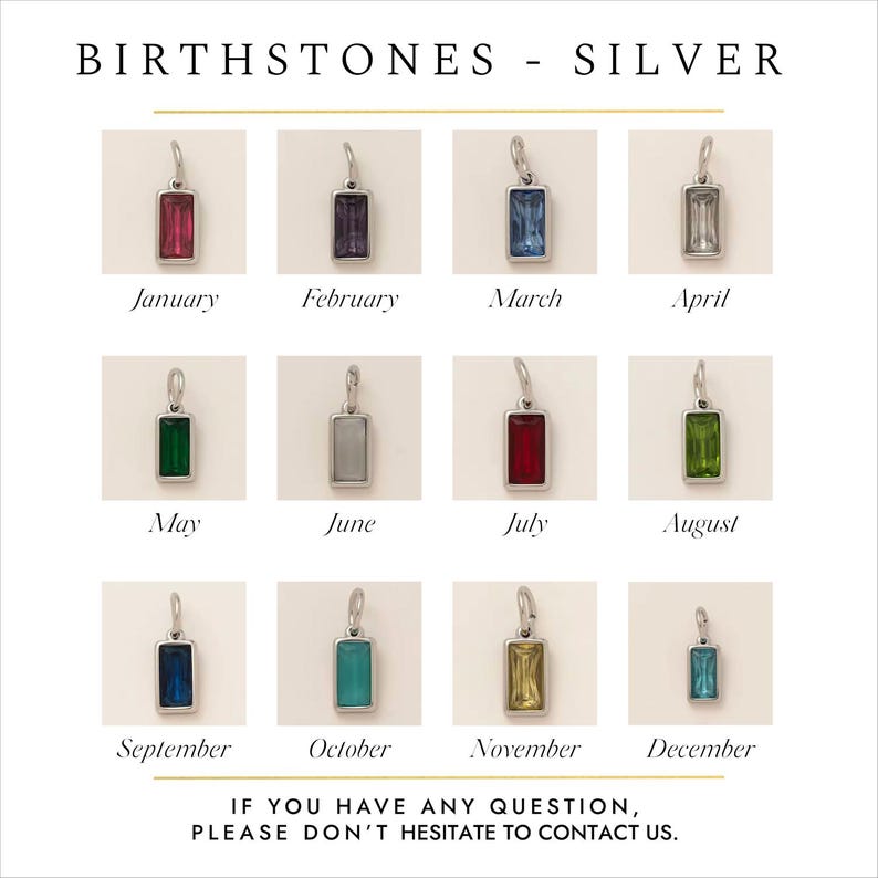 Silver birthstone chart displaying colour options for personalised teardrop urn necklaces