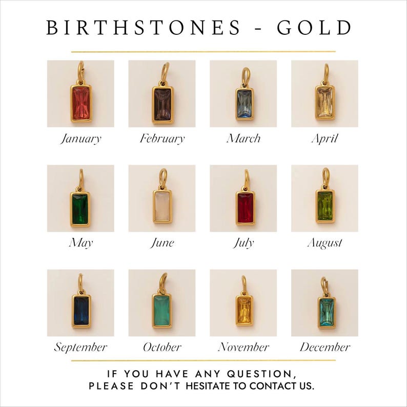 Gold birthstone colour chart showing all twelve birthstone options for teardrop memorial necklaces
