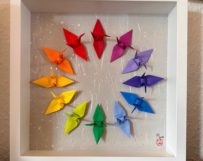 Origami cranes “rainbow” in a circle. Framed decoration.