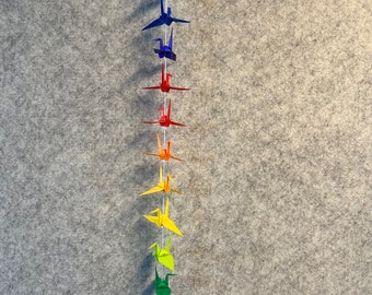 A string of 10 origami cranes - rainbow colours