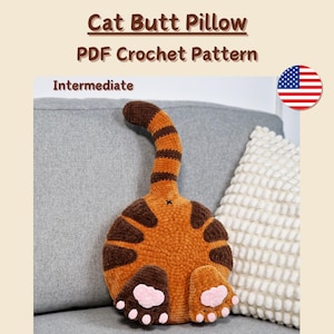 猫のお尻の枕のかぎ針編みパターン、気まぐれな動物のクッション（PDF）、面白い猫のクッションのパターン