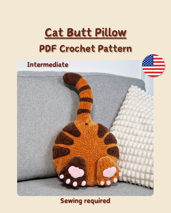 Cat Butt Pillow Crochet Pattern, Whimsical Animal Throw Pillow PDF, Funny Cat Cushion Pattern
