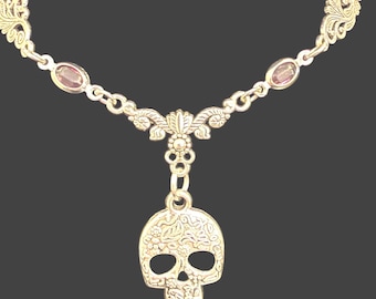 Vintage-Inspired Floral Skull Choker/Necklace