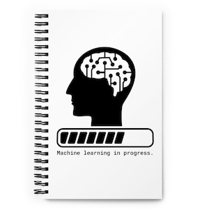 May include: Black and white illustration of a head with a circuit board inside the brain. A progress bar below the head reads "Machine learning in progress."