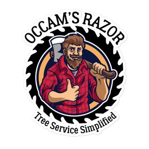 Könnte beinhalten: Ein Cartoon-Holzfäller mit einem rot-schwarzen karierten Hemd, Bart und Schnurrbart hält eine Axt. Das Bild ist von einer schwarzen Sägekette mit dem Text "OCCAM'S RAZOR Tree Service Simplified" umgeben.
