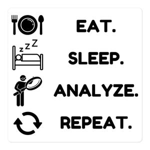 Könnte beinhalten: Schwarzweiß-Illustration eines Zyklus aus Essen, Schlafen, Analysieren und Wiederholen. Die Illustration enthält Symbole für einen Teller mit Gabel und Messer, ein Bett mit einer schlafenden Person, eine Person mit einer Lupe und einen Kreispfeil.