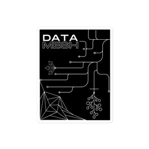 Puede incluir: Pegatina en blanco y negro con un diseño geométrico y el texto "DATA MESH". El diseño presenta un árbol estilizado con ramas y hojas, una forma geométrica y líneas que conectan los elementos.