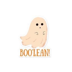 May include: A cute cartoon ghost with a surprised expression and the text "BOO'LEAN!" in orange letters.