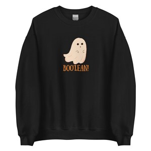 May include: Black sweatshirt with a white ghost illustration and the text "BOO'LEAN!" in orange.