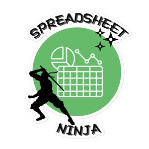 May include: A green circle with the text "SPREADSHEET NINJA" around it. Inside the circle is a white spreadsheet with a pie chart and line graph. A black silhouette of a ninja holding a sword is in front of the circle.