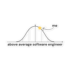 Op de afbeelding: Een zwart-witte illustratie van een klokcurve met een gele ster boven de curve en een pijl die naar de ster wijst. De tekst "ik" staat boven de pijl. De tekst "bovengemiddelde software-engineer" staat onder de curve.