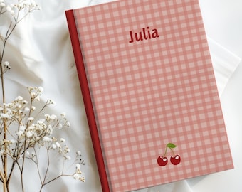 Personalized Pink Gingham Journal: Cherry Hardcover Notebook, Red Lined Diary