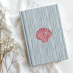 Seashell Journal, Baby Blue Striped Hardcover Notebook, Coastal Diary, Summer Beach