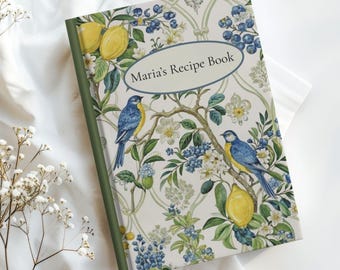 Cuaderno de recetas italianas personalizado: Libro de cocina Blue Birds, decoración rústica de cocina europea, cuaderno con estampado de limones.