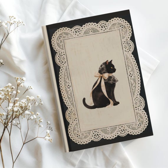 Coquette Cat Journal, Vintage Lace Notebook, Black Cat Hardcover Lined Journal, Romantic Doily Diary, Cat Person Gift