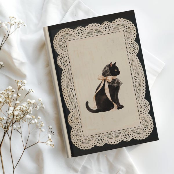 Coquette Cat Journal, Vintage Lace Notebook, Black Cat Hardcover Lined Journal, Romantic Doily Diary, Cat Person Gift