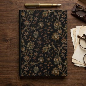 May include: A rectangular notebook featuring a black cover with a repeating floral and vine pattern in shades of gold, brown, and muted green. The notebook is positioned alongside a gold-toned fountain pen and a stack of off-white paper sheets.