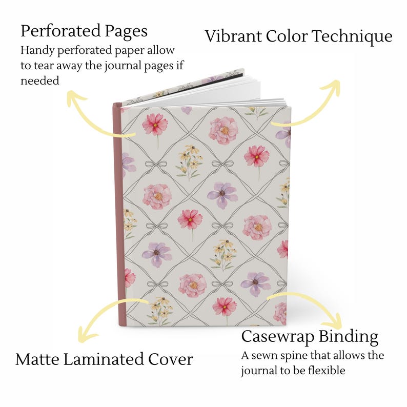 Puede incluir: Un diario con una cubierta laminada mate, con un estampado floral de flores rosas, moradas y amarillas sobre un fondo gris claro. El diario tiene p&aacute;ginas perforadas y encuadernaci&oacute;n casewrap. El texto de la imagen dice: P&aacute;ginas perforadas, T&eacute;cnica de color vibrante, Cubierta laminada mate y Encuadernaci&oacute;n Casewrap.