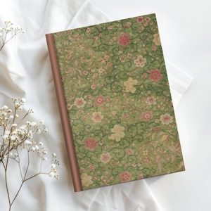 Nostalgic Floral Hardcover Journal, Vintage Cottagecore Diary, Green Rug Pattern Lined Notebook