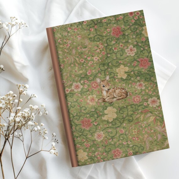 Green Floral Hardcover Journal with Deer, Cottagecore Pastel Floral Diary, Coquette Lined Notebook