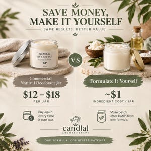 Può includere: Un'infografica che confronta un barattolo di deodorante naturale commerciale con una versione fatta in casa. Il testo recita: SAVE MONEY, MAKE IT YOURSELF, SAME RESULTS. BETTER VALUE, NATURAL DEODORANT ALUMINUM FREE 50 ml, VS, Formulate It Yourself, e candlal.