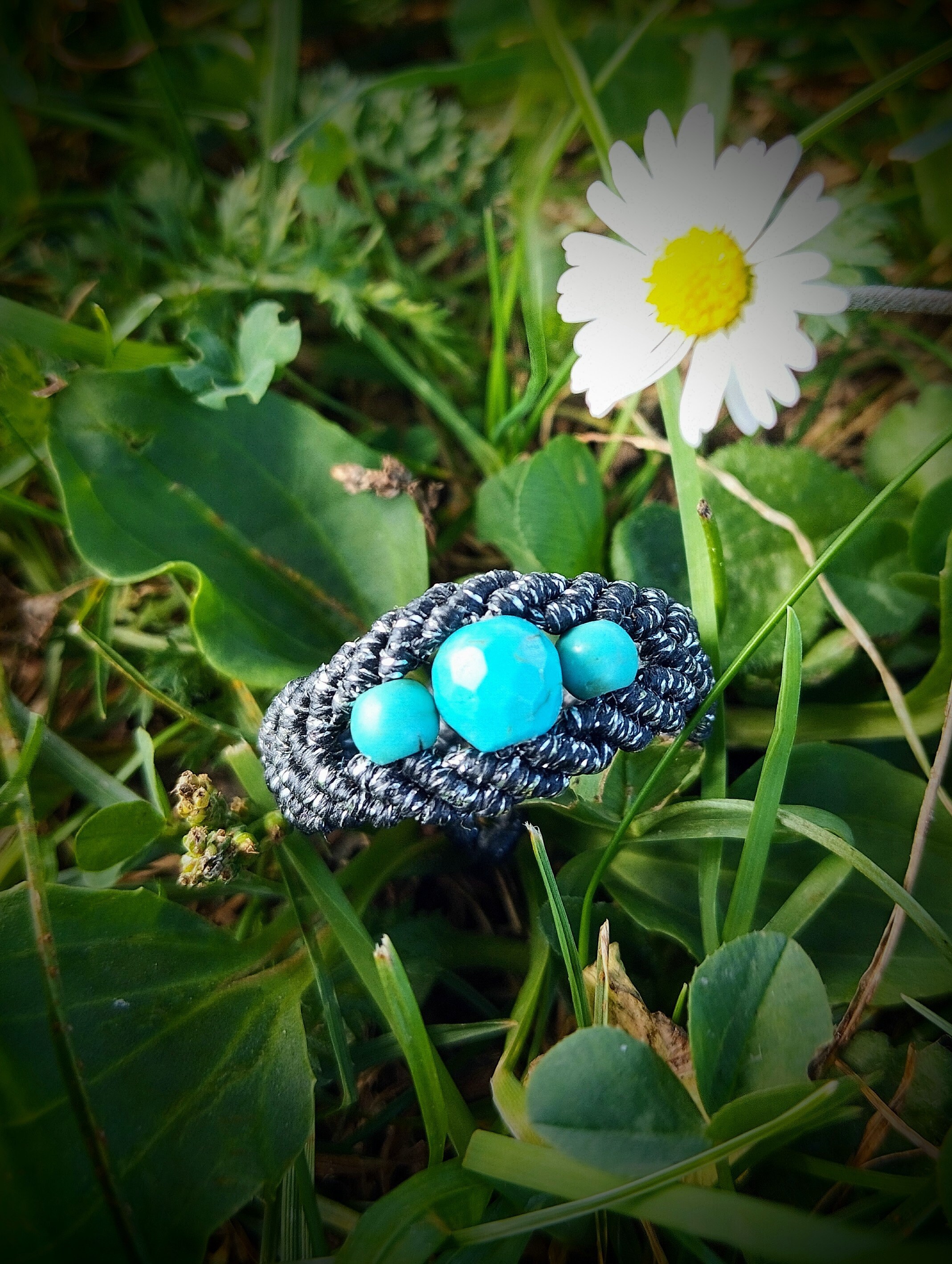 Black Macrame Ring with Turquoise Gemstones