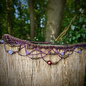 Macrame anklet with jade beads purple and freshwater pearl.