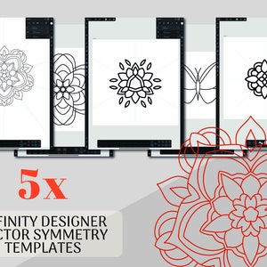以下が含まれることがあります： アフィニティデザイナー用の白黒ベクターシンメトリーテンプレート5つ。テンプレートには、蝶、花、3種類のマンダラデザインが含まれています。
