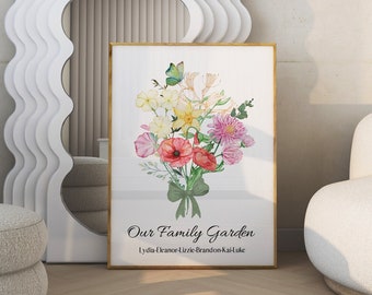 Birth Flower Family Bouquet, Birth Month Flower Print, Mom's Garden Bouquet, Custom Poster Design, Christmas Gift, Personalized Gift