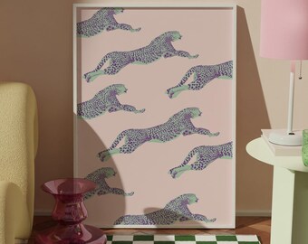 Impression d'art guépard, impression animalière guépard tendance esthétique, art léopard BCBG, art mural maximaliste menthe rose, impression jungle, décoration de dortoir preppy
