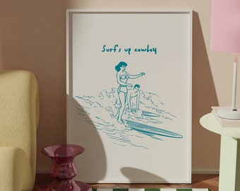 Retro Surfing Poster, Vintage Cowboy Art, Aesthetic Coastal Decor,Retro Western Print Digital Download, Turquoise Surf's Up Cowboy Wall Art
