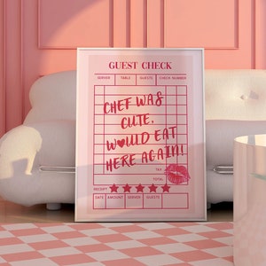 Chef Was Cute Would Eat Here Again Plakat, Estetyczna sztuka ścienna do kuchni, Różowy wydruk czeku gościa, Preppy y2k wystrój baru, Modny plakat wózka barowego