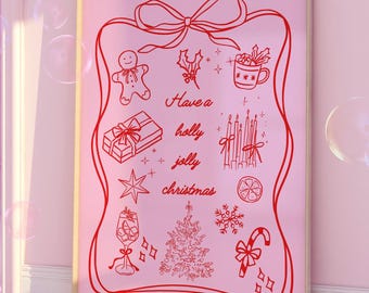 Art mural de Noël Holly Jolly, impression de Noël girly tendance, art mural, impressions numériques coquette des fêtes, affiche de Noël rose
