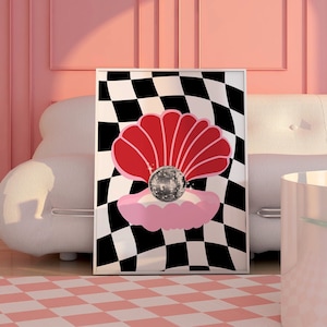 May include: A black and white checkered background with a pink and red seashell with a pearl inside. The seashell is on a white couch in a pink room.