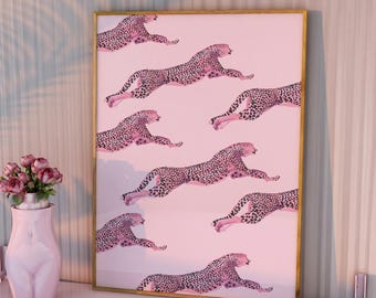 Impression d'art guépard, impression animalière guépard tendance esthétique, art léopard BCBG, art mural minimaliste rose, impression jungle, décoration de dortoir BCBG