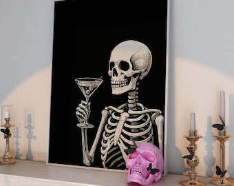 Impression Martini squelette, affiche de bar rétro Halloween, affiche de chariot de bar de l'an 2000, impression tête de mort funky, art mural Halloween, décoration d'Halloween effrayante tendance