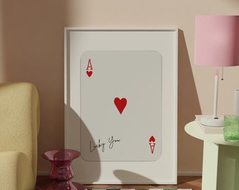 Impression tendance As de coeur, affiche de la chance, carte d'as rouge, affiche de carte d'as, affiche de cartes à jouer, impressions rétro tendance, oeuvre d'art murale de carte d'as