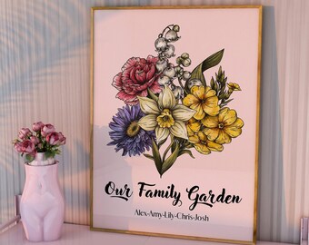 Grandma's Garden, Birth Month Flower Print, Custom Poster Design, Christmas Gift, Personalized Gift, Family Bouquet Wall Art, Mom's Garden