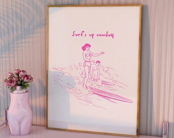 Poster de surf rétro, art cowboy vintage, décoration côtière esthétique, impression western rétro en téléchargement numérique, art mural cowboy surf rose