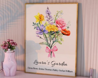 Bouquet di famiglia di fiori di nascita, stampa floreale del mese di nascita, design di poster personalizzato, regalo di Natale, regalo personalizzato, giardino della mamma, giardino familiare