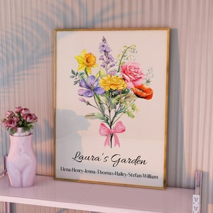Ramo familiar de flores de nacimiento, estampado de flores del mes de nacimiento, diseño de póster personalizado, regalo de Navidad, regalo personalizado, jardín de mamá, jardín familiar
