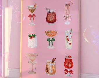 Affiche de chariot de bar à cocktails de Noël, art mural boisson des fêtes, impression de Noël tendance, impressions numériques coquette, art de Noël noeud coquette, Noël rose