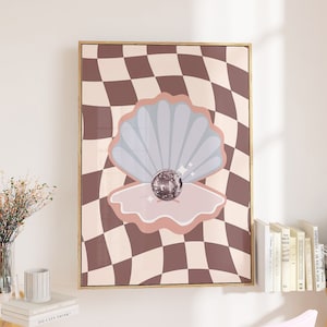 Musslor Disco Pearl Poster, Strandhustryck, Rutig Retrokonst, Trendig Pastellväggkonst, Kustdekor, Snäckskaltryck, Discokula